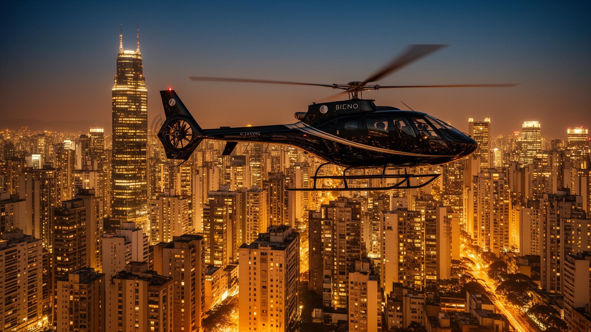 Helicóptero de luxo sobrevoando São Paulo à noite
